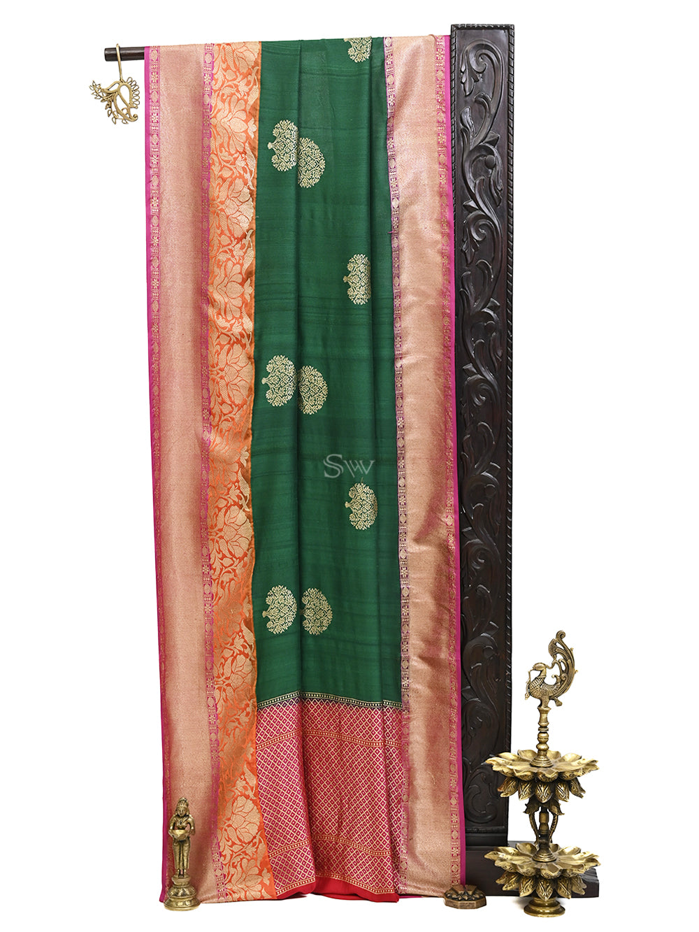 Dark Green Tussar Silk Handloom Banarasi Saree - Sacred Weaves