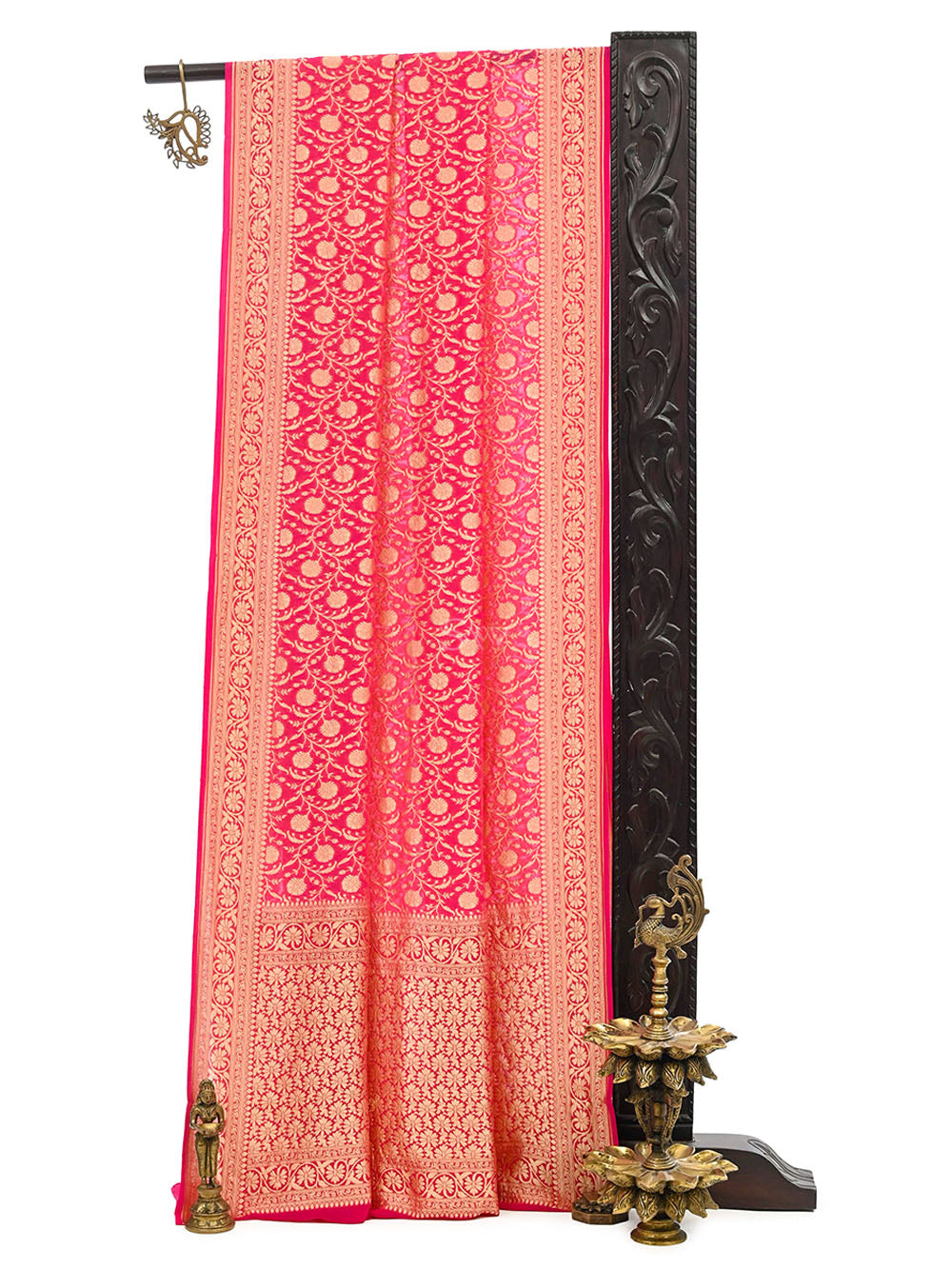 Bright Pink Jaal Khaddi Georgette Handloom Banarasi Saree - Sacred Weaves