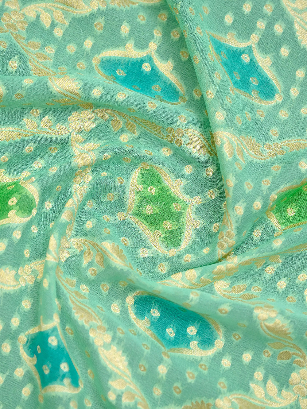 Pastel Green Rangkat Jaal Khaddi Georgette Handloom Banarasi Saree