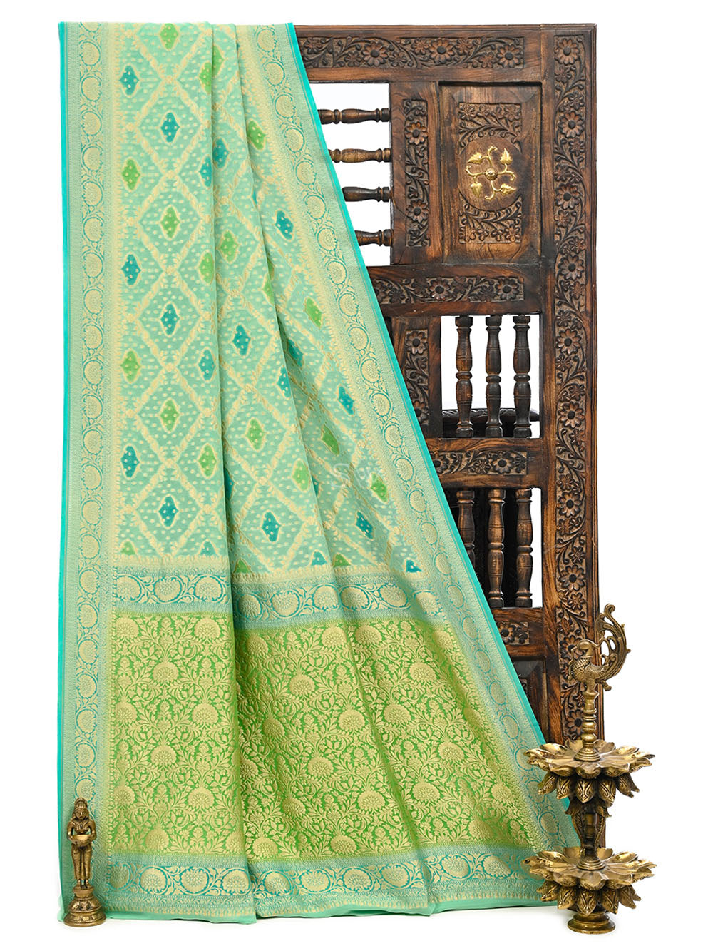 Pastel Green Rangkat Jaal Khaddi Georgette Handloom Banarasi Saree - Sacred Weaves