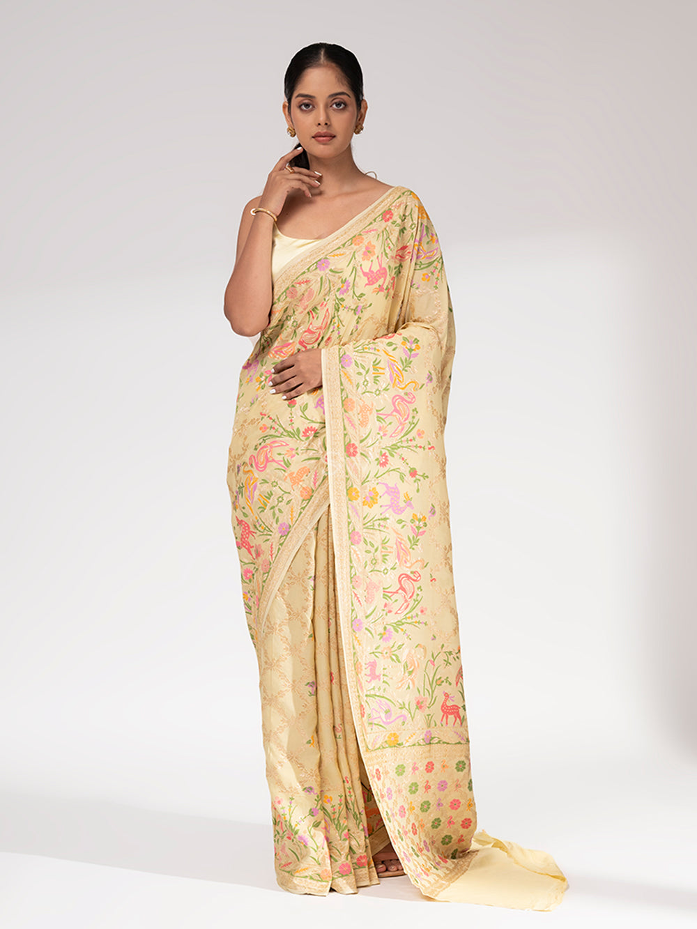 Pastel Yellow Meenakari Khaddi Georgette Handloom Banarasi Saree - Sacred Weaves