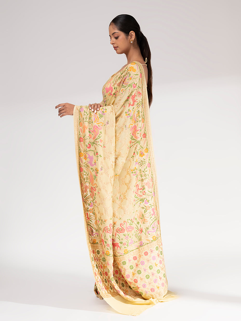 Pastel Yellow Meenakari Khaddi Georgette Handloom Banarasi Saree - Sacred Weaves