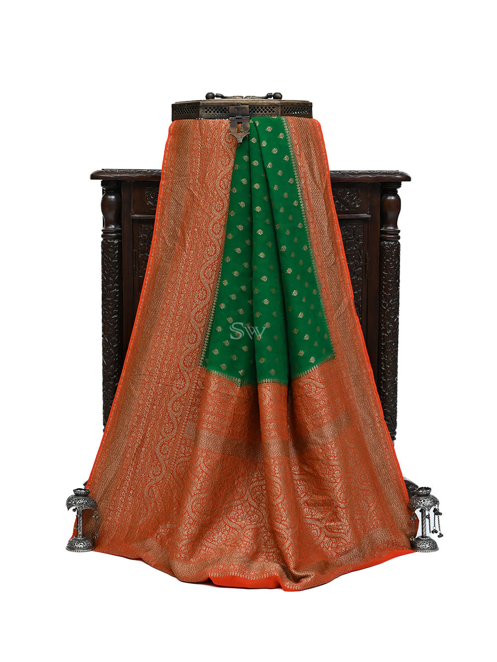 Green Booti Khaddi Georgette Handloom Banarasi Saree - Sacred Weaves