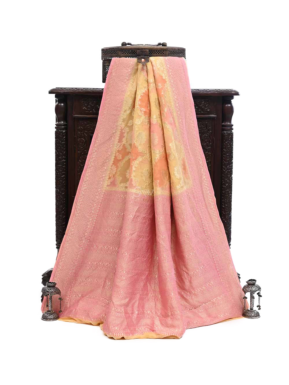Yellow Peach Rangkat Khaddi Georgette Handloom Banarasi Saree - Sacred Weaves
