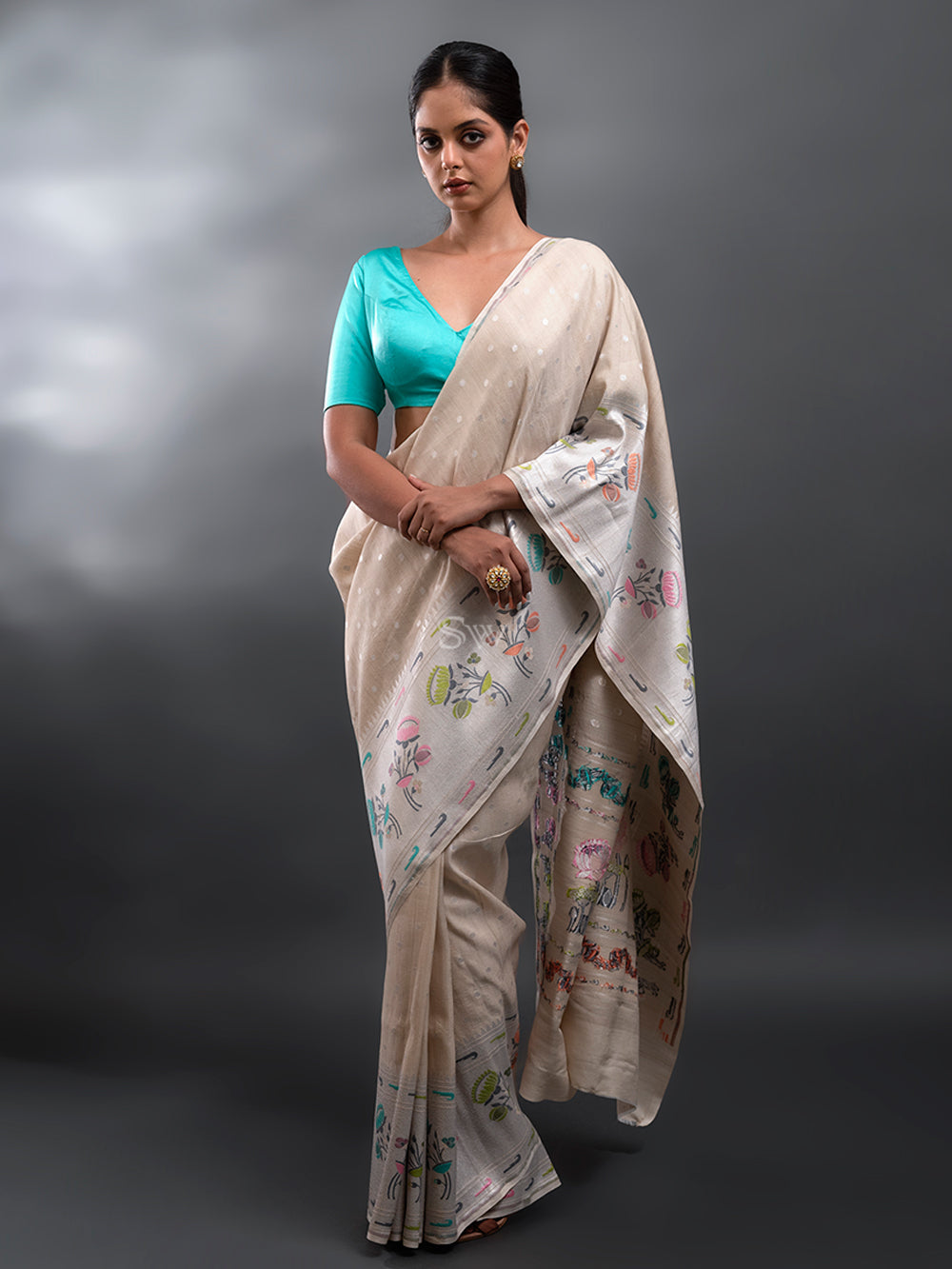 Beige Tussar Georgette Handloom Banarasi Saree - Sacred Weaves