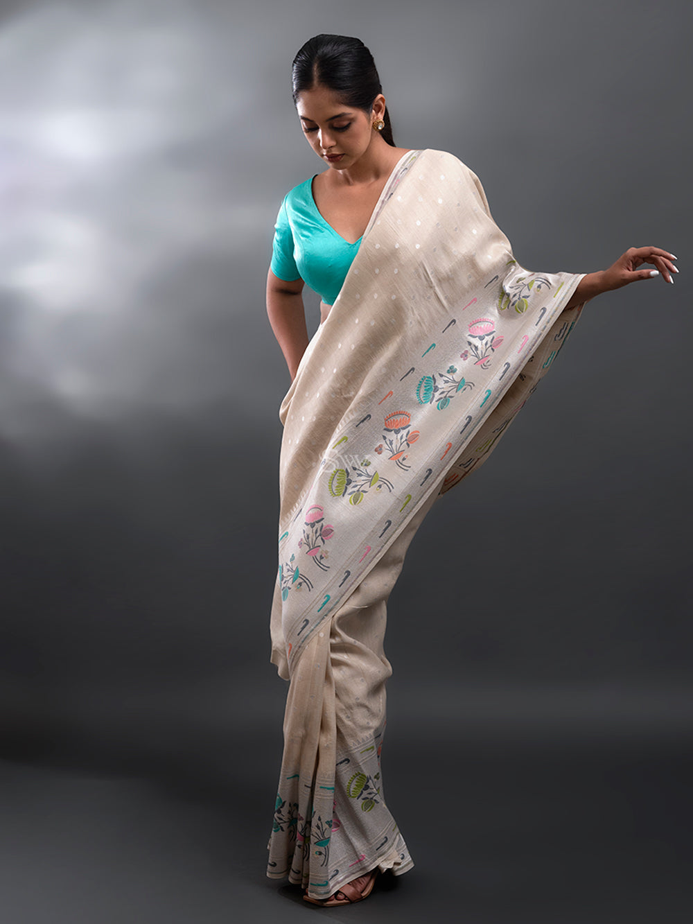 Beige Tussar Georgette Handloom Banarasi Saree - Sacred Weaves