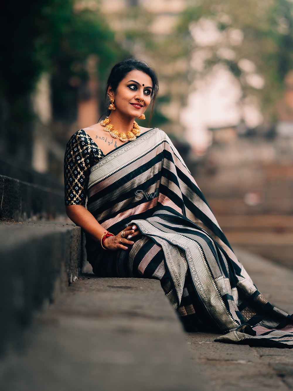 Black Stripe Khaddi Georgette Handloom Banarasi Saree - Sacred Weaves