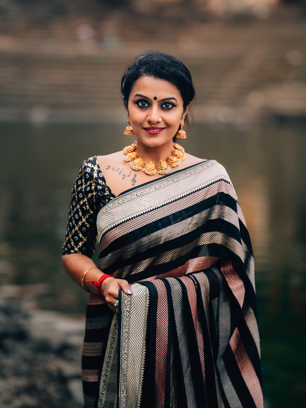 Black Stripe Khaddi Georgette Handloom Banarasi Saree - Sacred Weaves