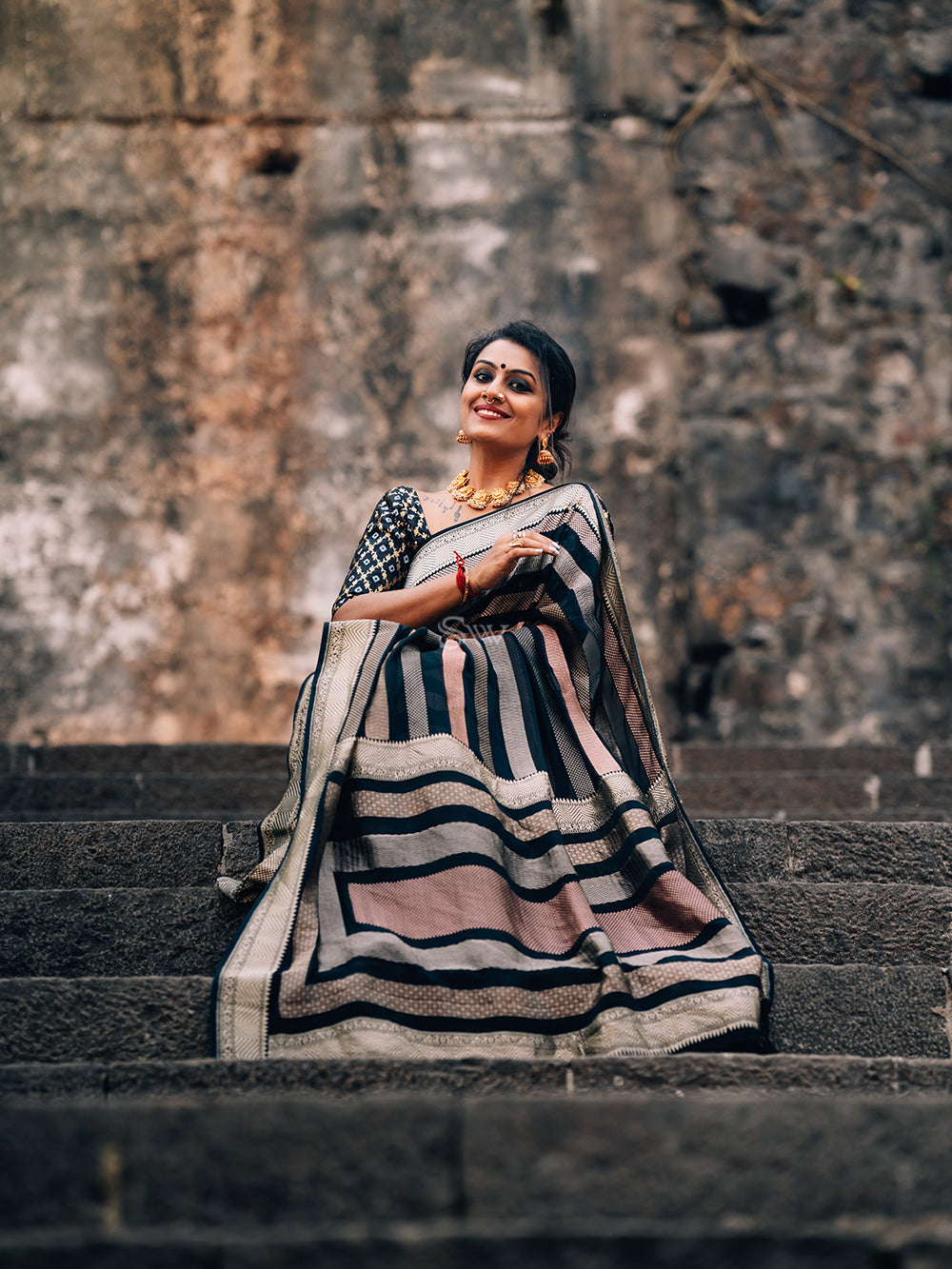 Black Stripe Khaddi Georgette Handloom Banarasi Saree - Sacred Weaves