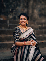 Black Stripe Khaddi Georgette Handloom Banarasi Saree - Sacred Weaves