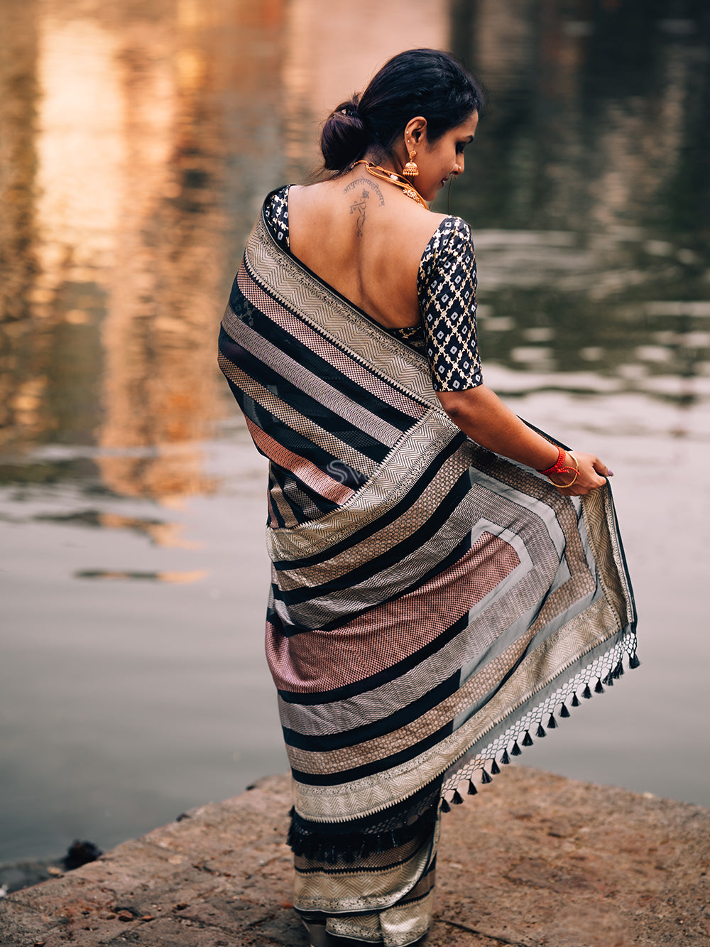 Black Stripe Khaddi Georgette Handloom Banarasi Saree - Sacred Weaves