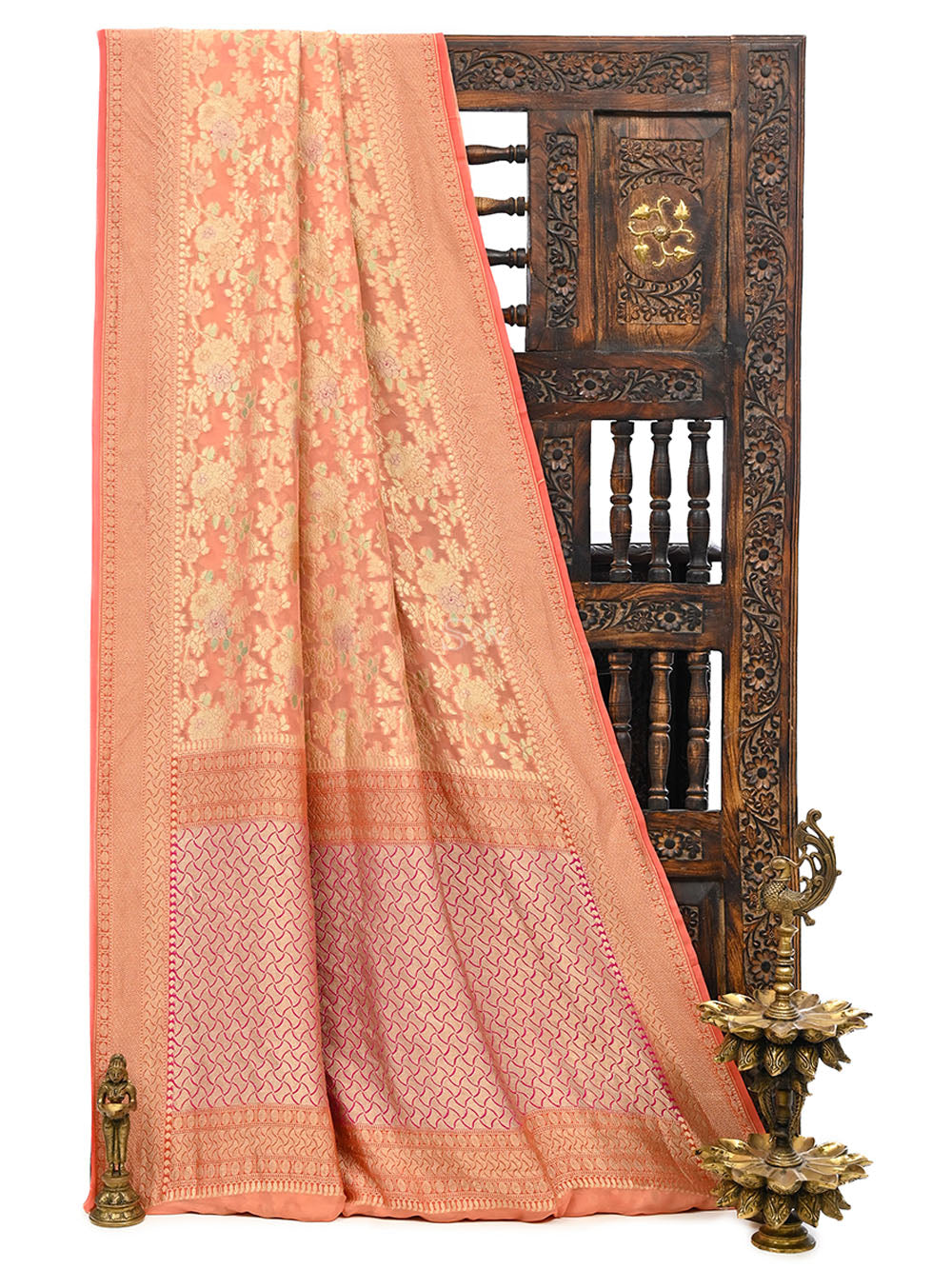 Peach Rangkat Khaddi Georgette Handloom Banarasi Saree - Sacred Weaves