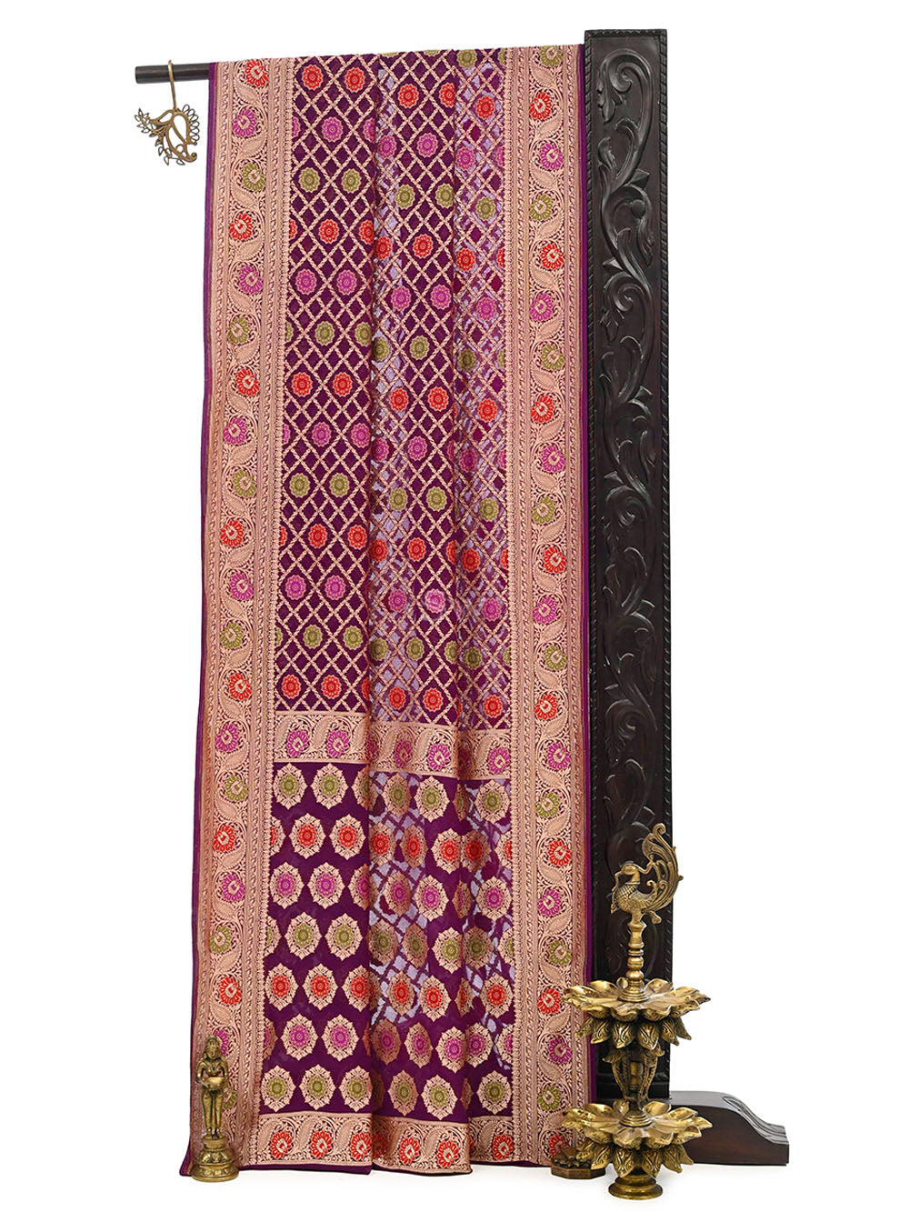 Wine Meenakari Jaal Khaddi Georgette Handloom Banarasi Saree - Sacred Weaves