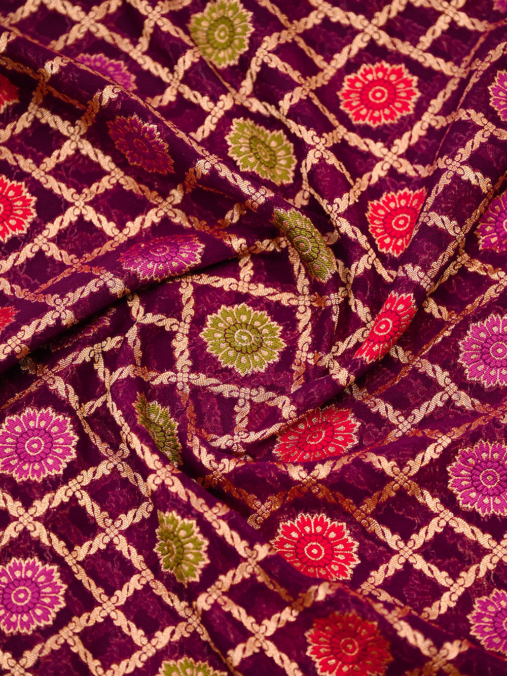 Wine Meenakari Jaal Khaddi Georgette Handloom Banarasi Saree - Sacred Weaves