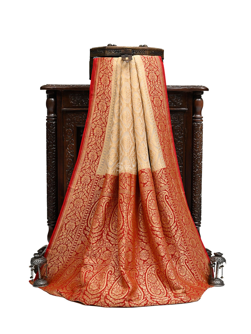 Beige Jaal Khaddi Georgette Handloom Banarasi Saree - Sacred Weaves