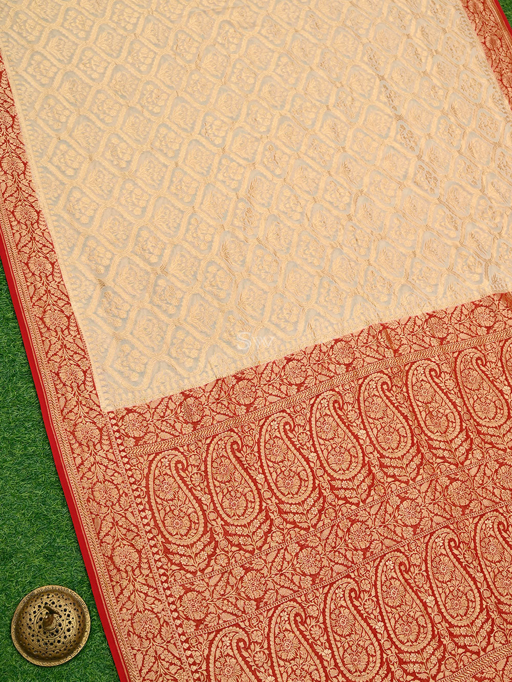 Beige Jaal Khaddi Georgette Handloom Banarasi Saree - Sacred Weaves