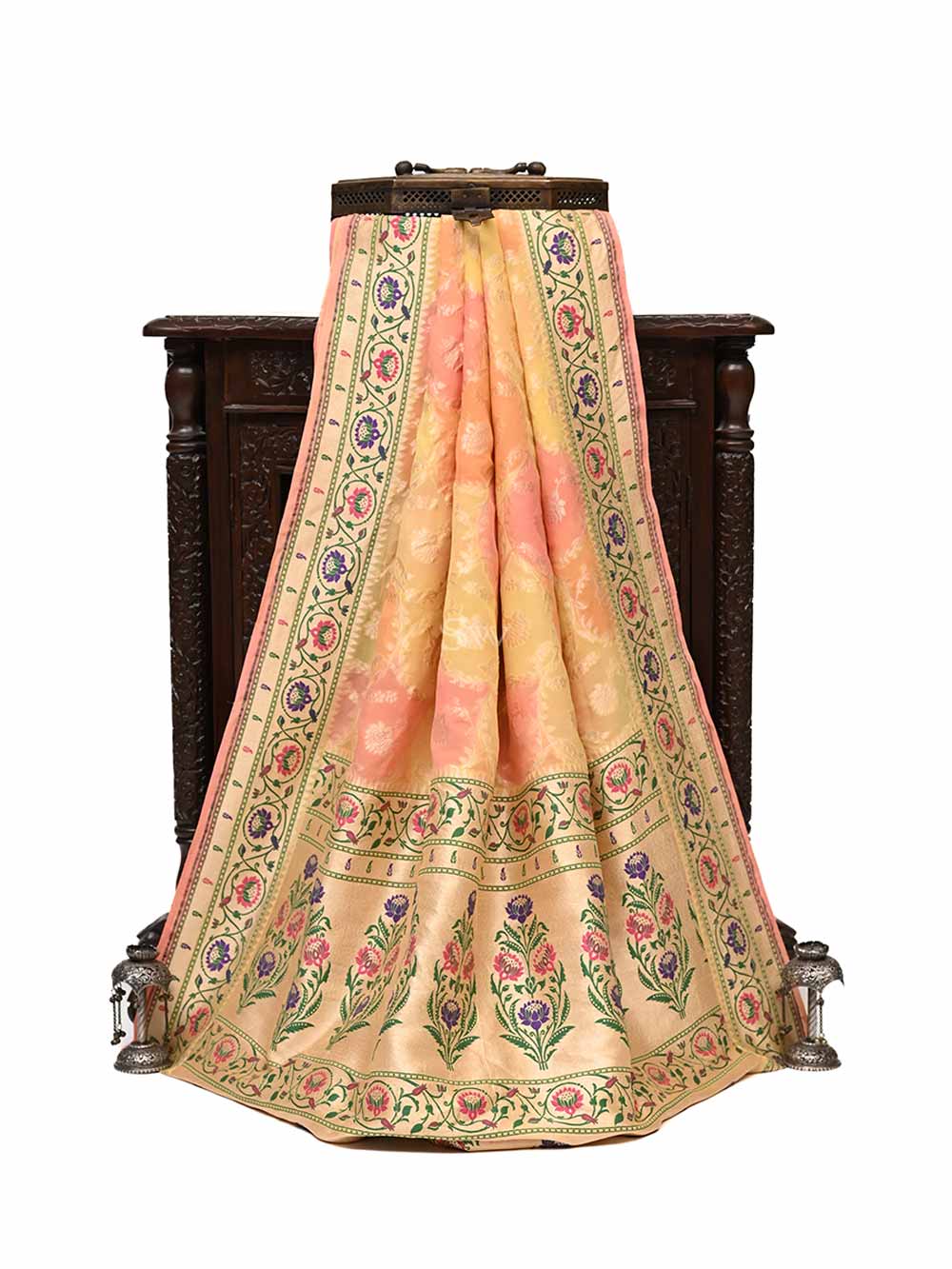 Yellow Peach Paithani Rangkat Khaddi Georgette Handloom Banarasi Saree - Sacred Weaves