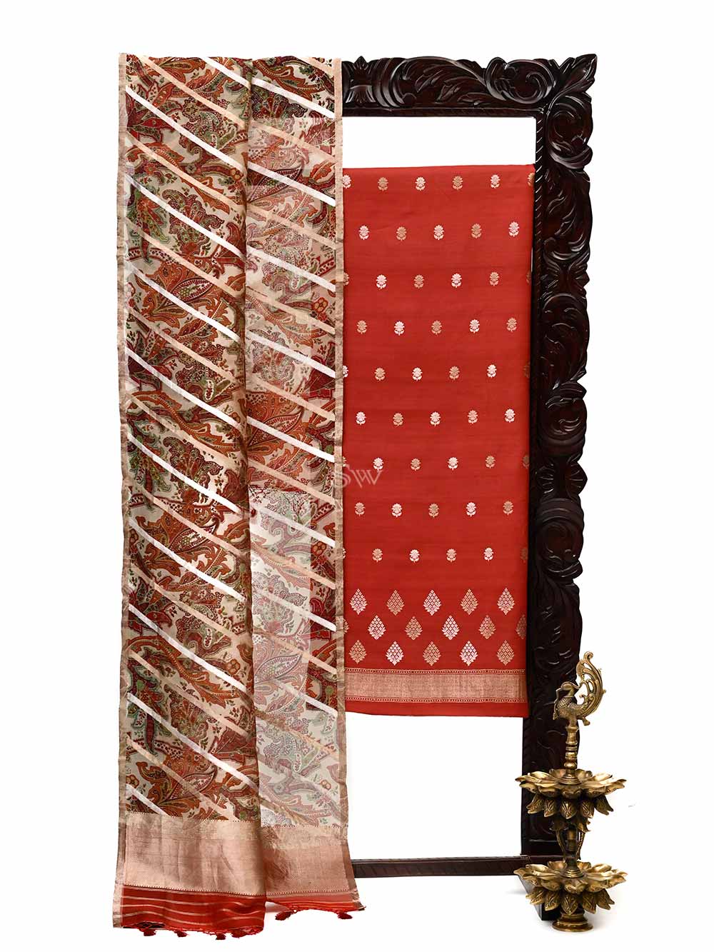 Red Tussar Silk Handloom Banarasi Suit - Sacred Weaves