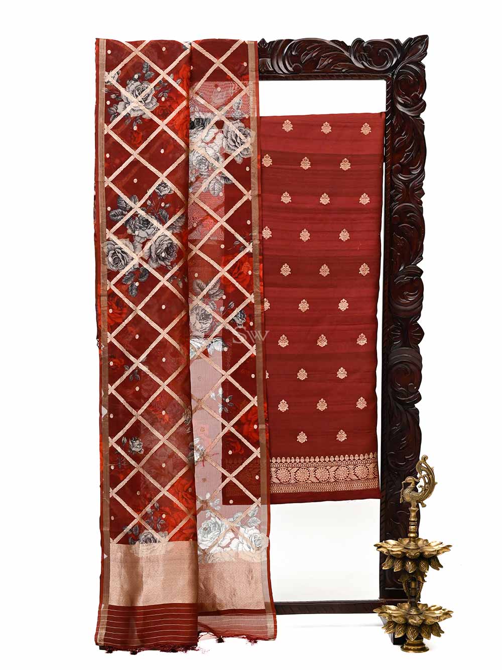 Maroon Tussar Silk Handloom Banarasi Suit - Sacred Weaves