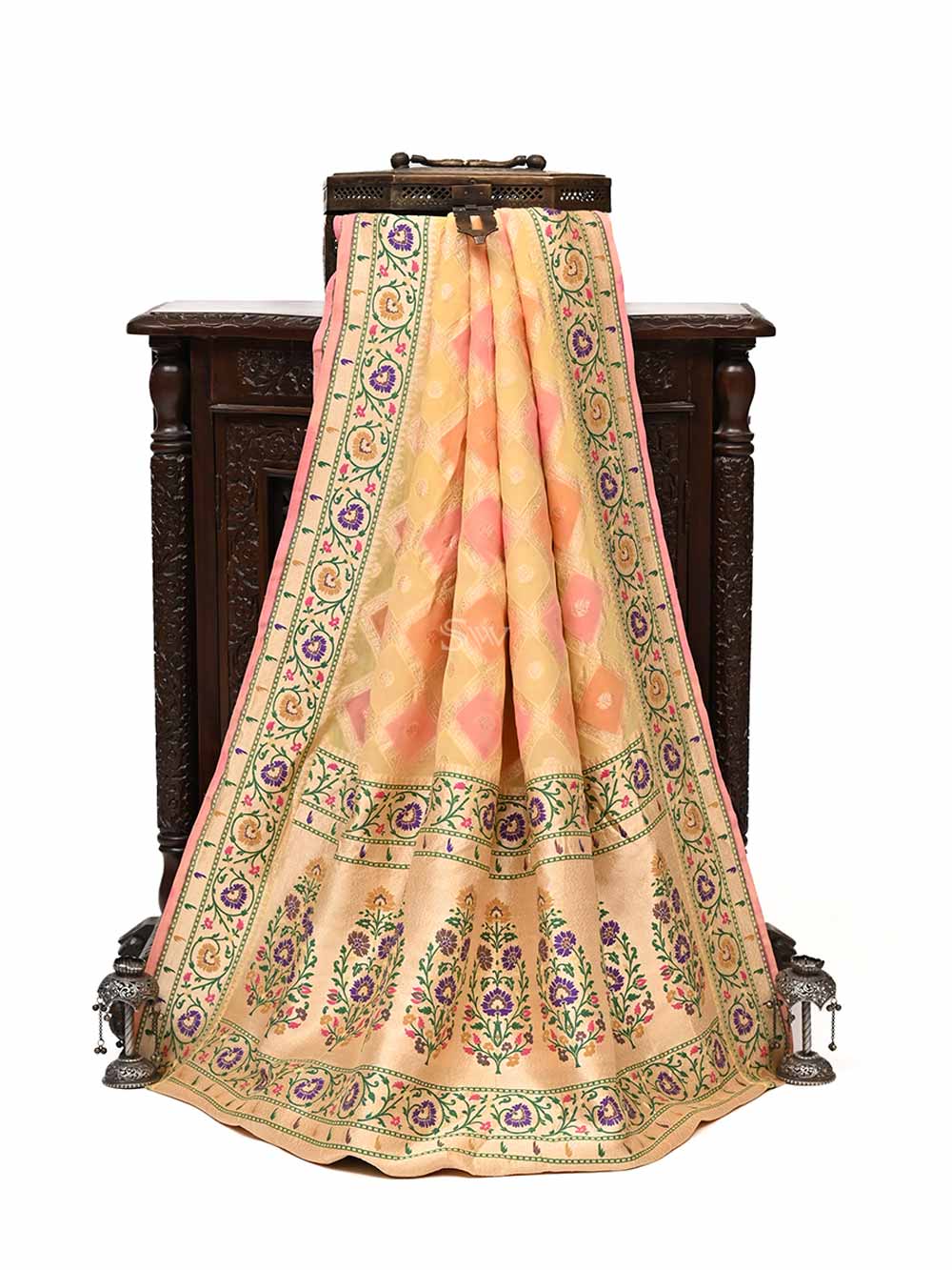 Yellow Pink Paithani Rangkat Khaddi Georgette Handloom Banarasi Saree - Sacred Weaves