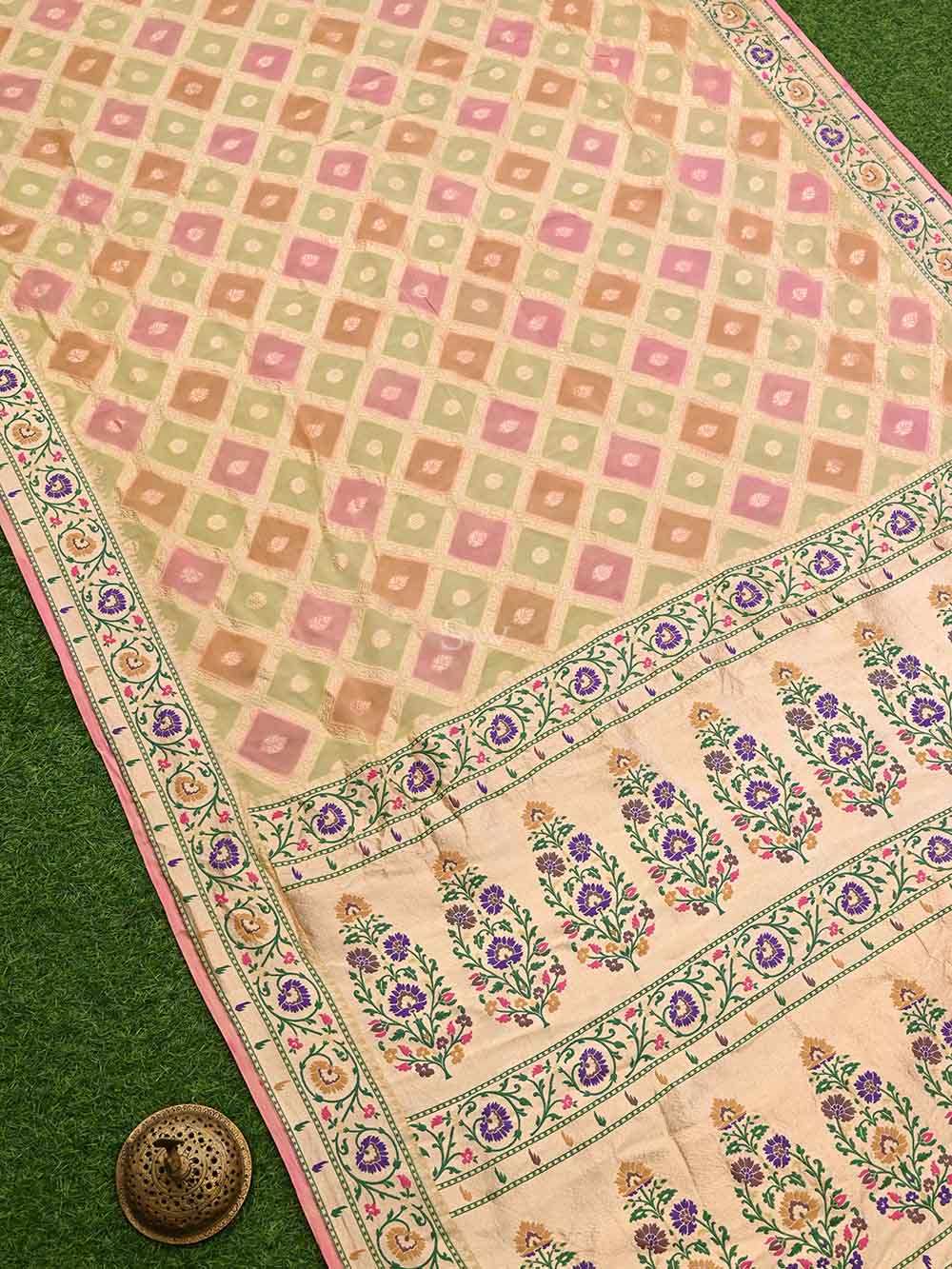 Yellow Pink Paithani Rangkat Khaddi Georgette Handloom Banarasi Saree - Sacred Weaves