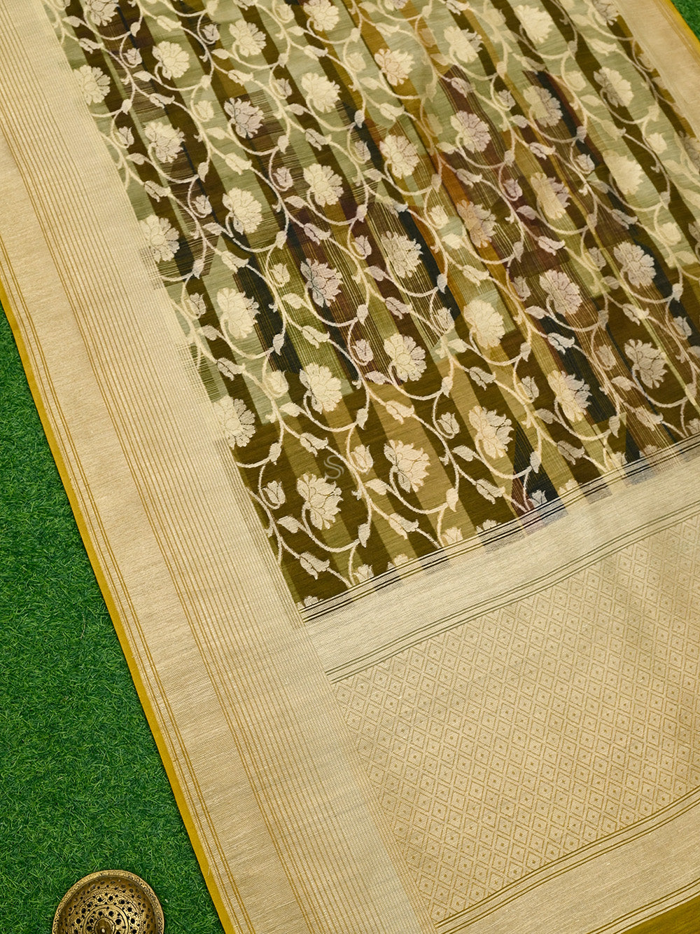 Mustard Black Jaal Moonga Silk Handloom Banarasi Saree - Sacred Weaves