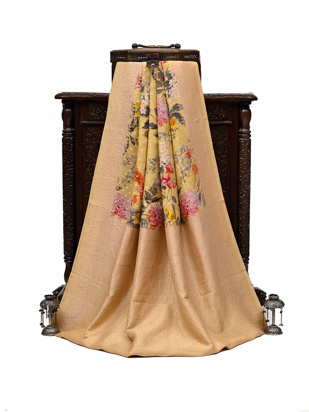 Yellow Booti Crepe Printed Banarasi Saree - Sacred Weaves