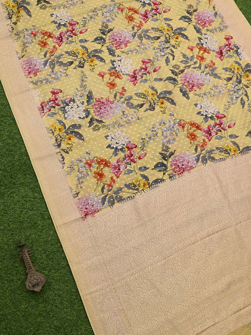 Yellow Booti Crepe Printed Banarasi Saree - Sacred Weaves