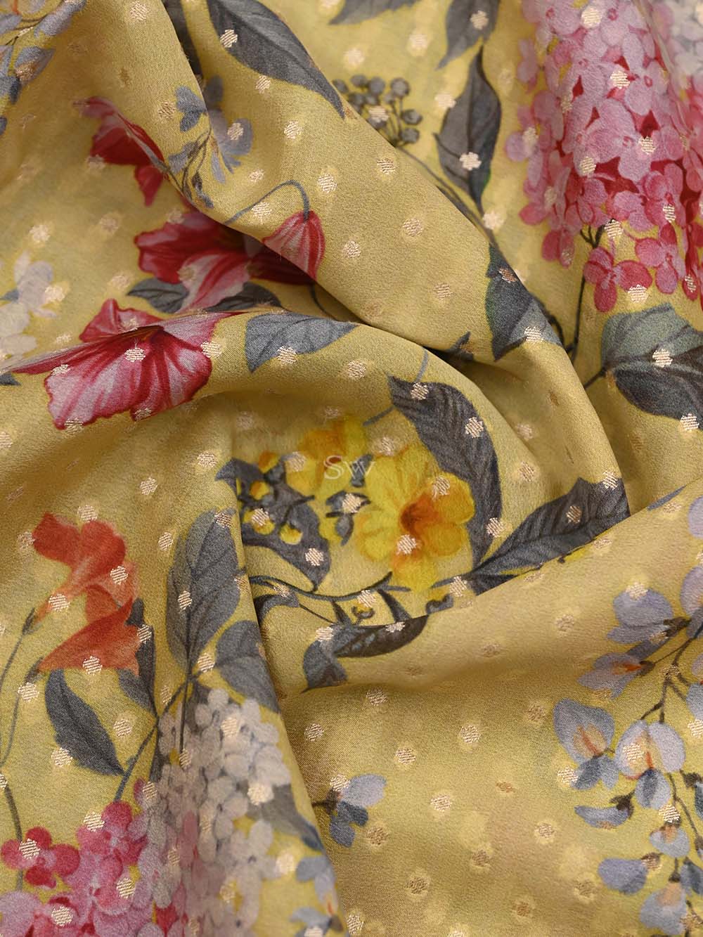 Yellow Booti Crepe Printed Banarasi Saree - Sacred Weaves