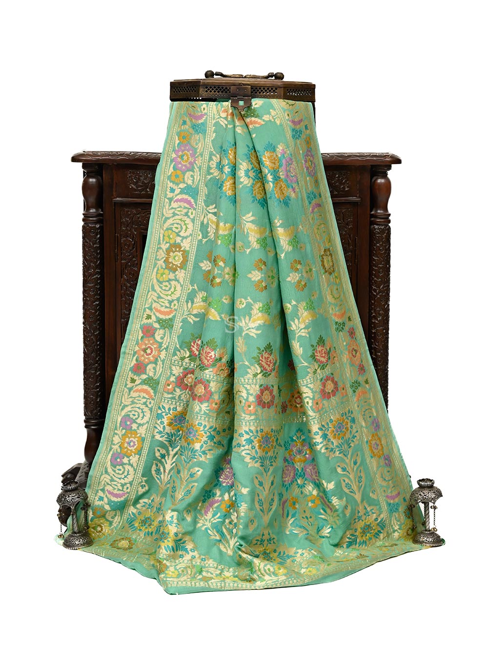 Pastel Green Meenakari Khaddi Georgette Handloom Banarasi Saree - Sacred Weaves