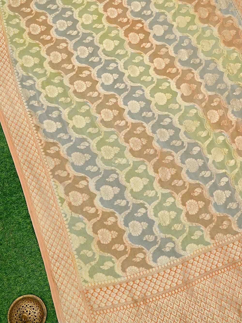 Pastel Yellow Peach Rangkat Jaal Khaddi Georgette Handloom Banarasi Saree - Sacred Weaves