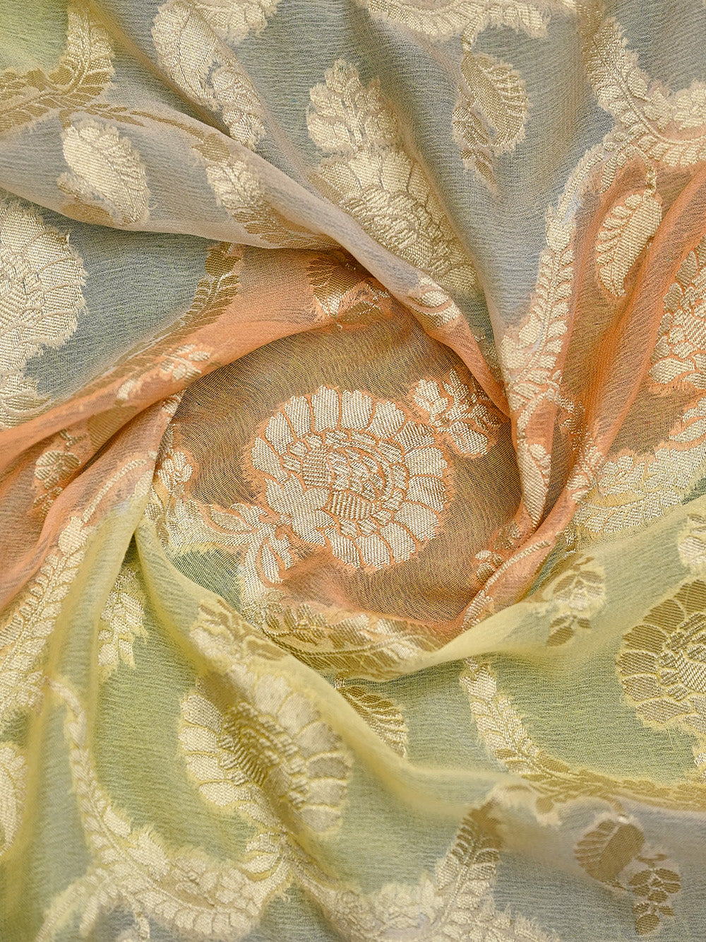 Pastel Yellow Peach Rangkat Jaal Khaddi Georgette Handloom Banarasi Saree - Sacred Weaves