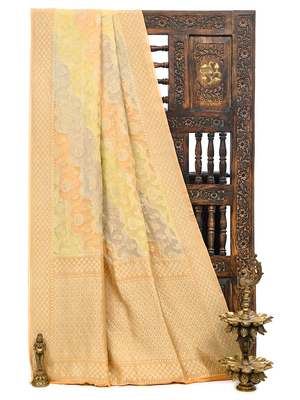 Pastel Yellow Peach Rangkat Jaal Khaddi Georgette Handloom Banarasi Saree - Sacred Weaves