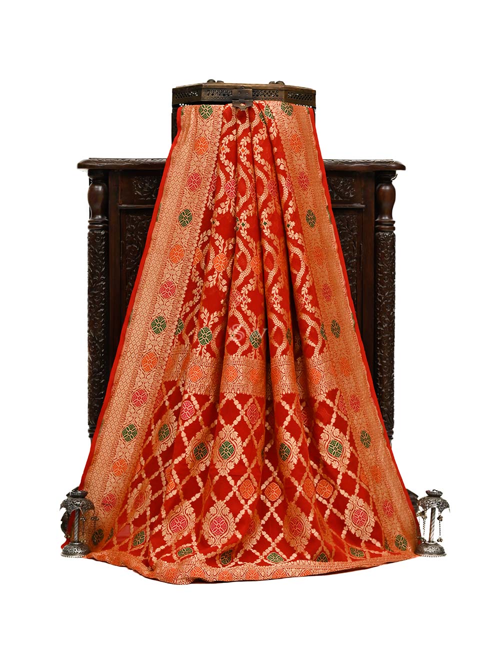 Maroon Meenakari Jaal Khaddi Georgette Handloom Banarasi Saree - Sacred Weaves