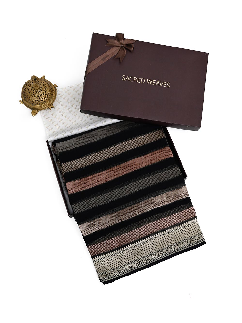 Black Stripe Khaddi Georgette Handloom Banarasi Saree - Gift Box - Sacred Weaves