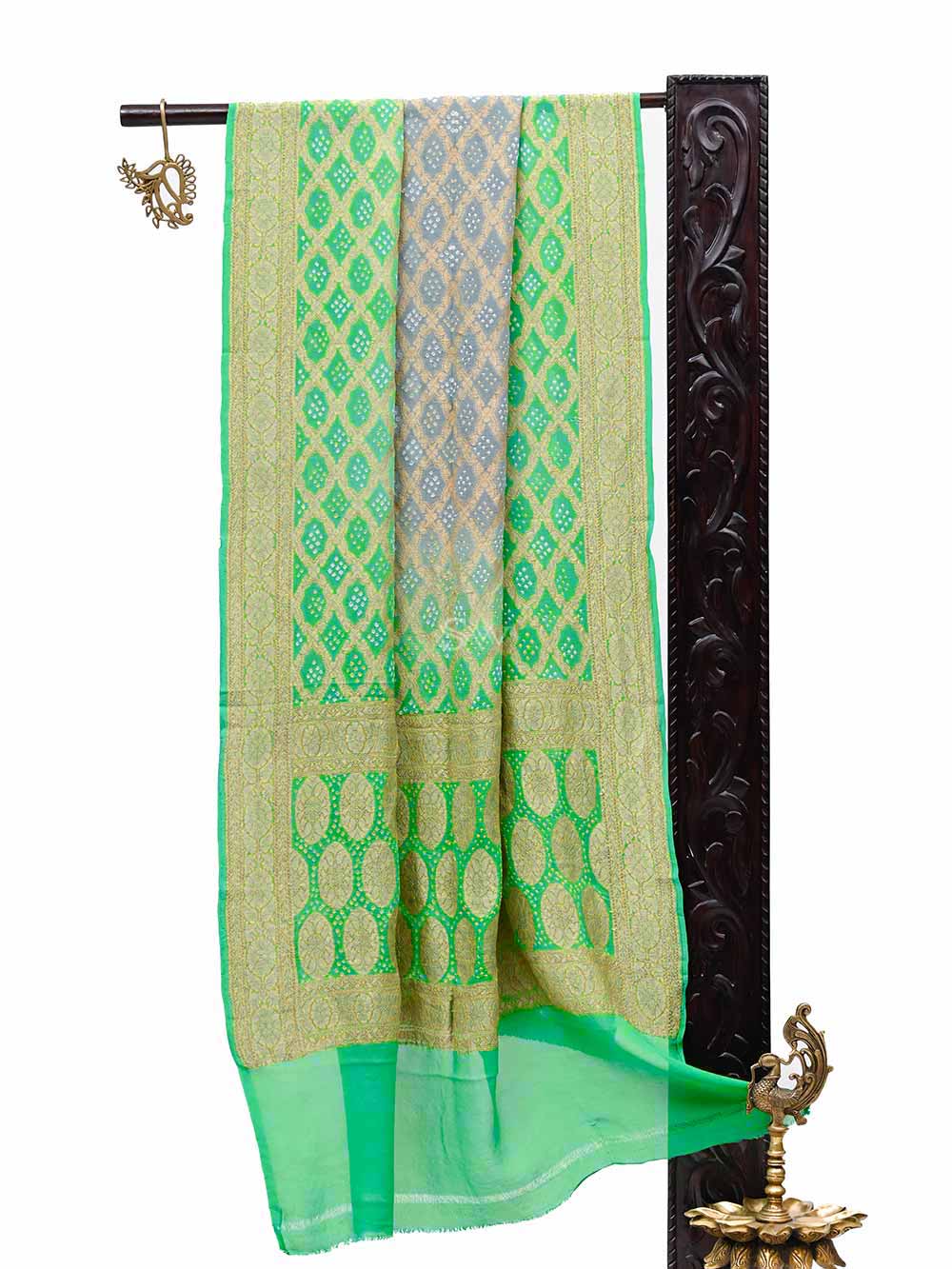 Green-Grey Bandhani Khaddi Georgette Handloom Banarasi Dupatta - Sacred Weaves