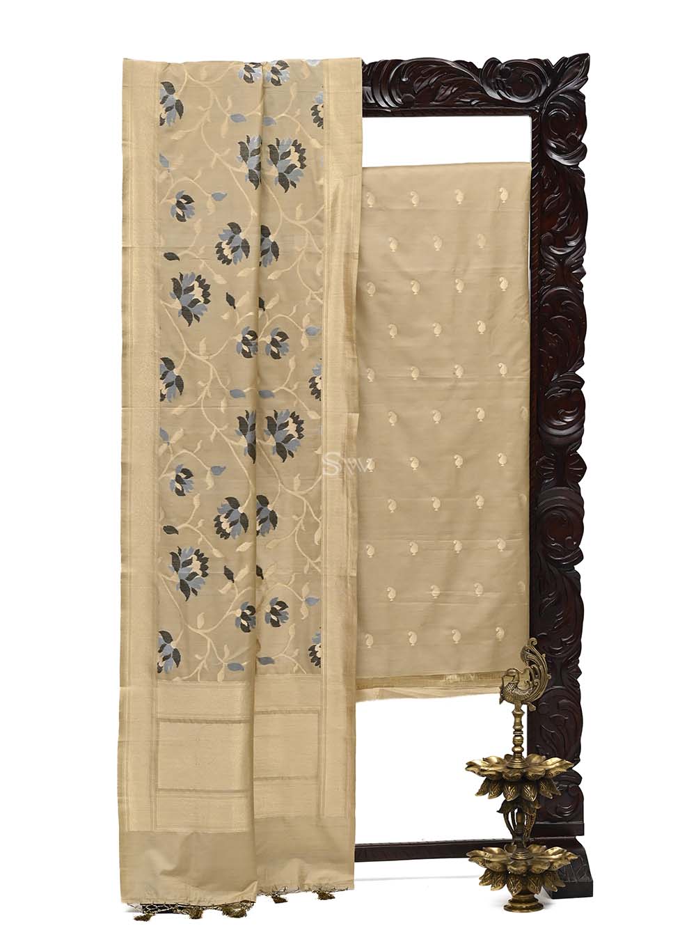 Beige Tusser Silk Handloom Banarasi Suit -Sacred Weaves