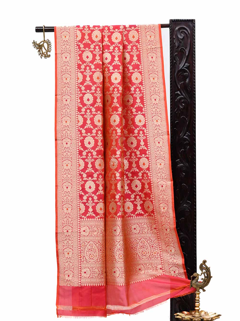 Pink-Orange Jaal Katan Silk Handloom Banarasi Dupatta - Sacred Weaves