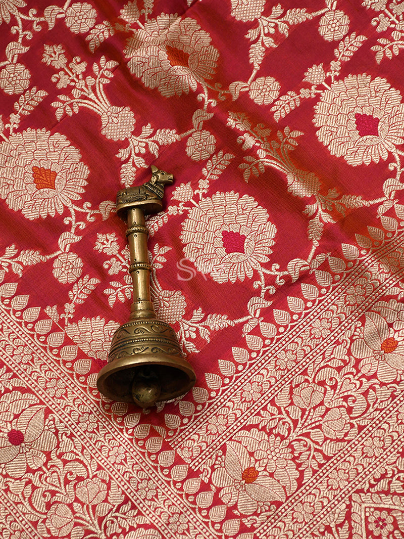 Pink Orange Jaal Katan Silk Handloom Banarasi Dupatta - Sacred Weaves