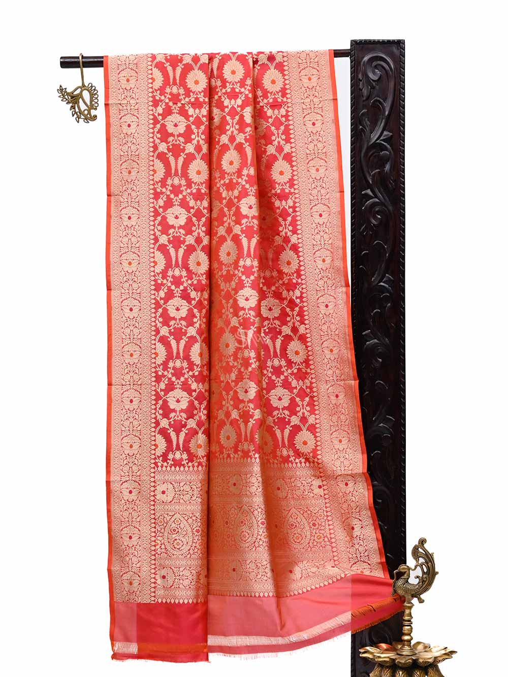 Pink-Orange Jaal Katan Silk Handloom Banarasi Dupatta - Sacred Weaves