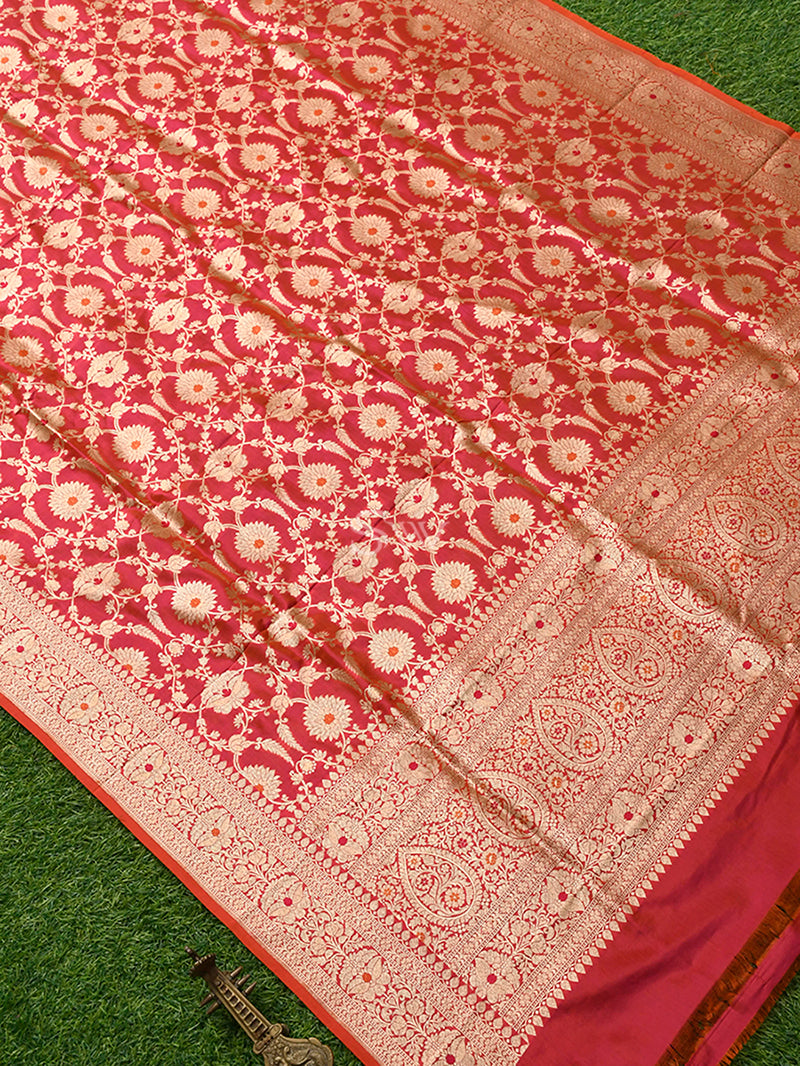 Pink Orange Jaal Katan Silk Handloom Banarasi Dupatta - Sacred Weaves