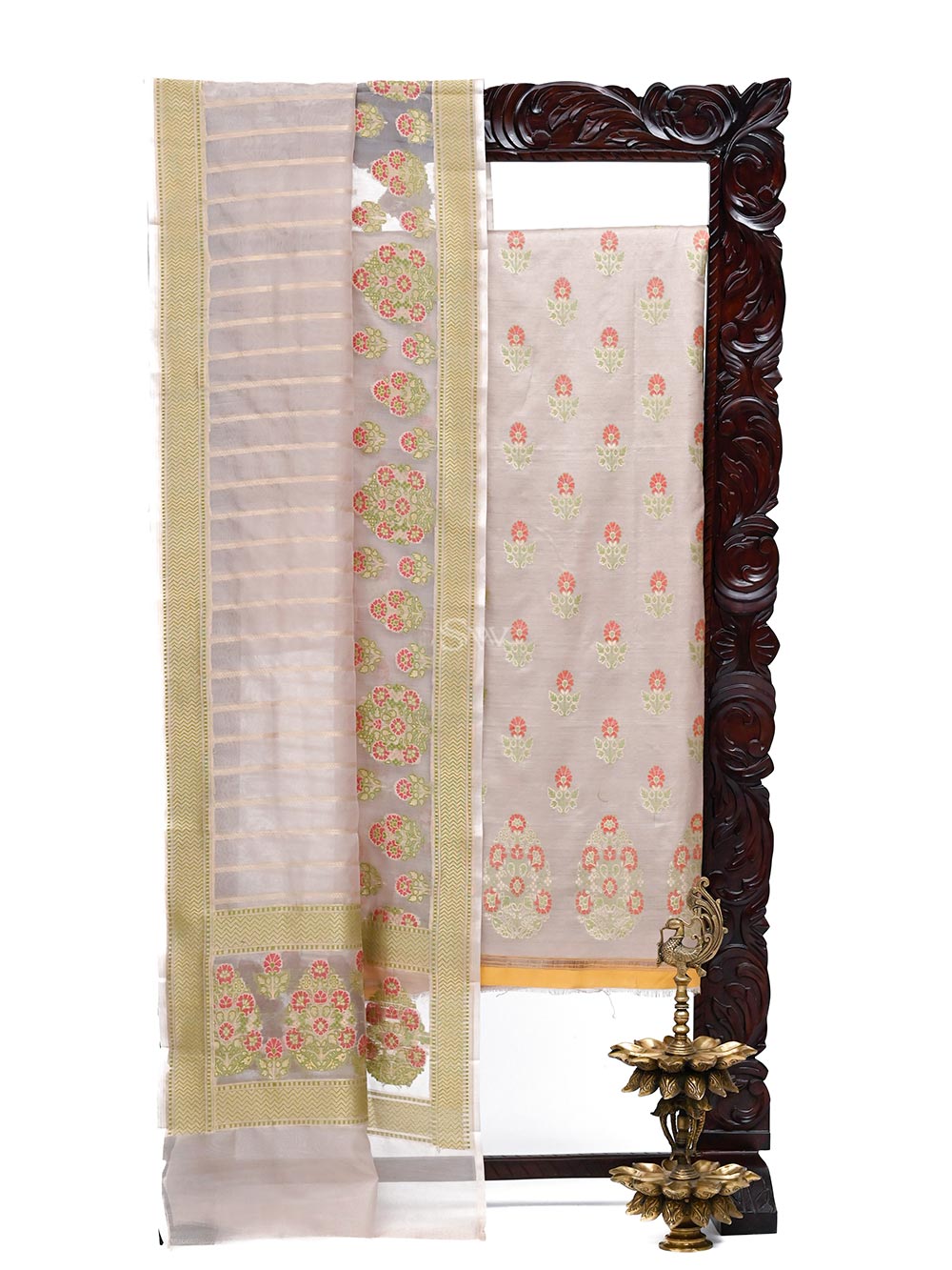 Beige Moonga Tussar Silk Handloom Banarasi Suit - Sacred Weaves
