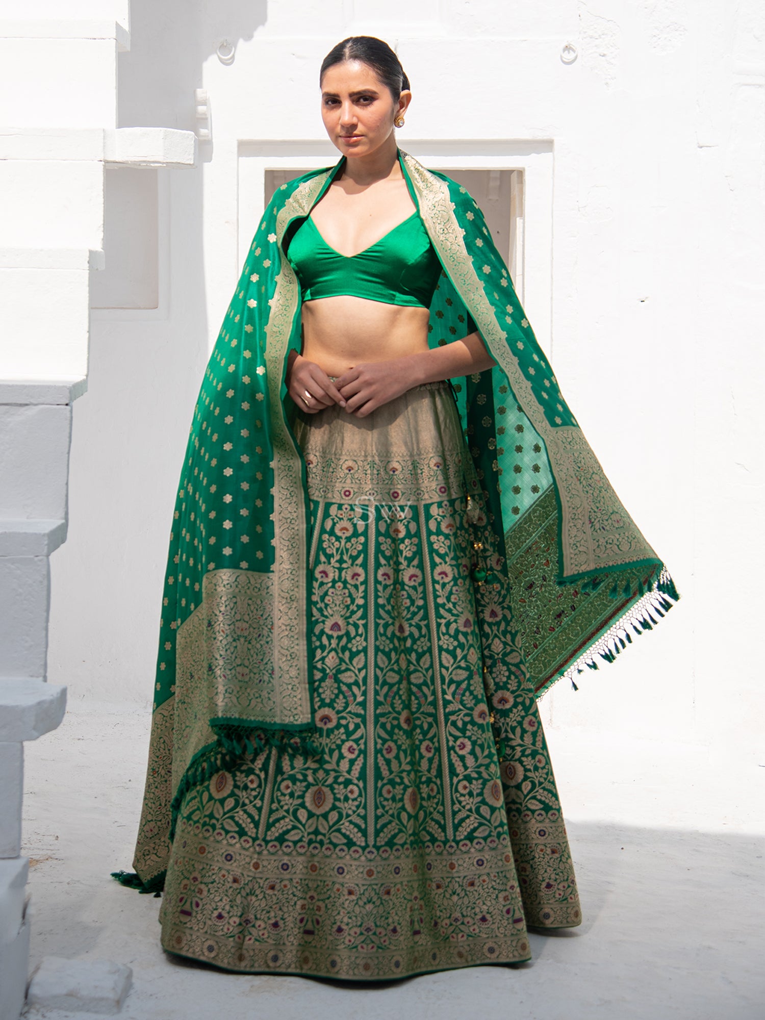 Bottle Green Meenakari Silk Handloom Banarasi Lehenga - Sacred Weaves