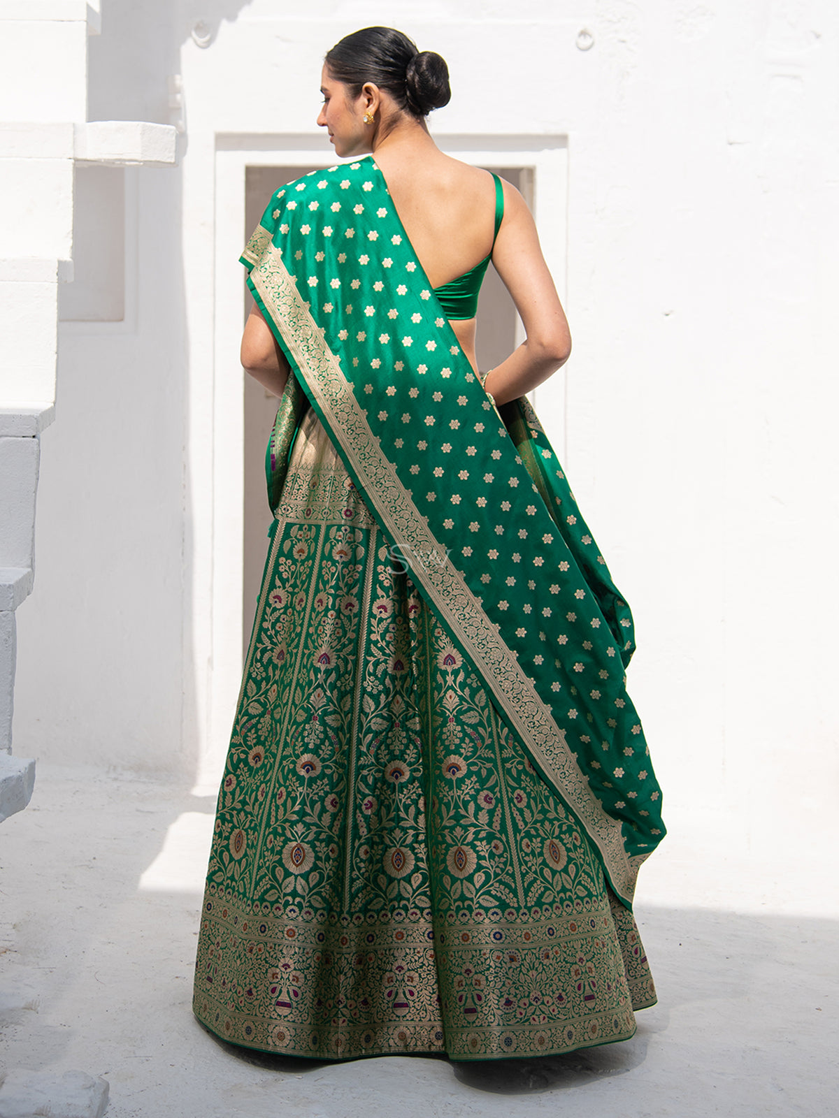 Bottle Green Meenakari Silk Handloom Banarasi Lehenga - Sacred Weaves