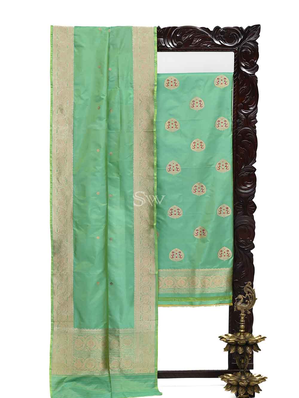 Sea Green Katan Silk Handloom Banarasi Suit - Sacred Weaves