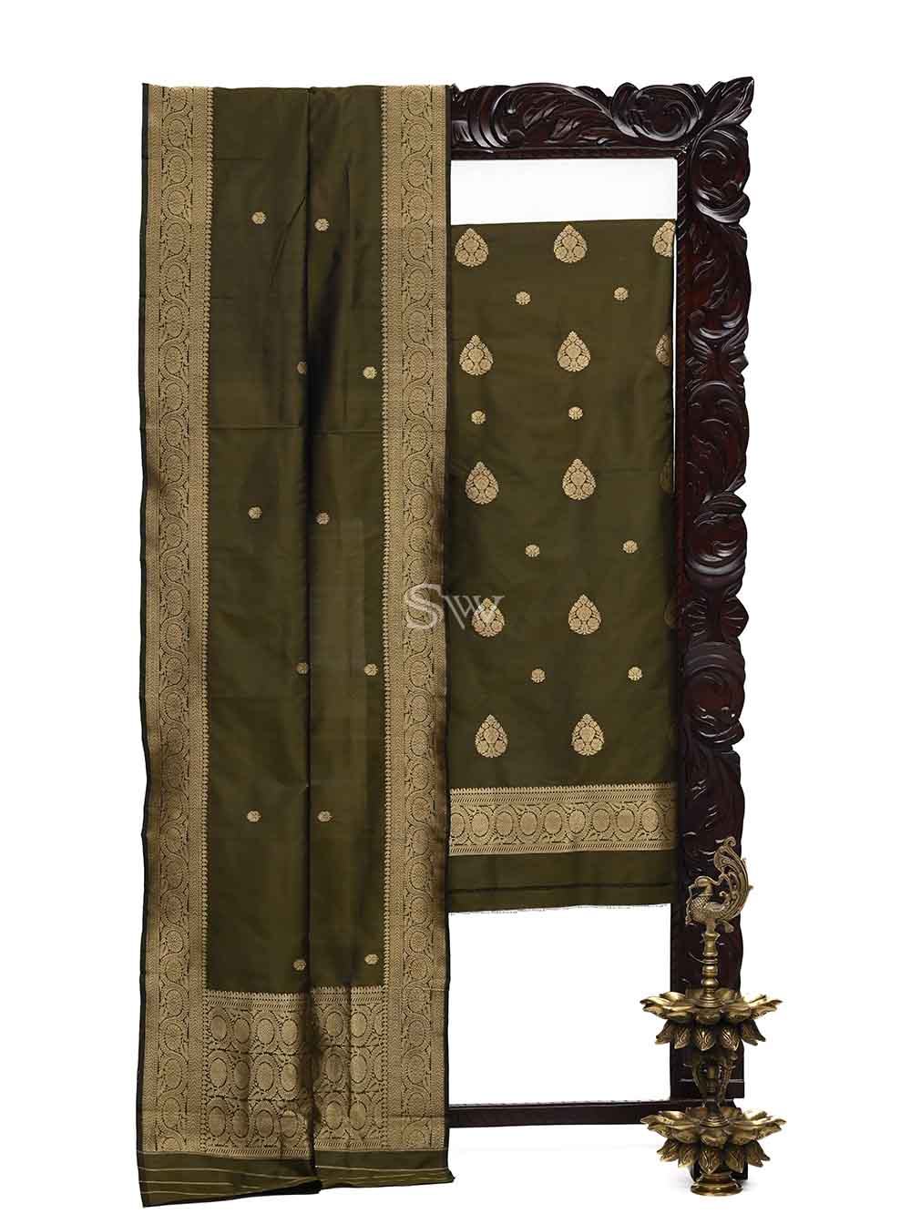 Dark Moss Green Katan Silk Handloom Banarasi Suit - Sacred Weaves