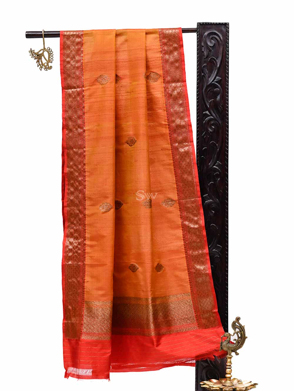Orange-Red Tussar Silk Handloom Banarasi Dupatta - Sacred Weaves