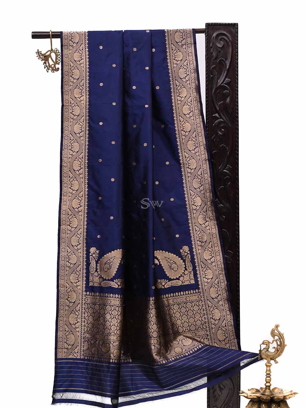 Navy Blue Konia Katan Silk Handloom Banarasi Dupatta - Sacred Weaves