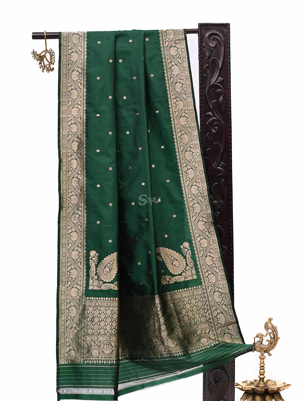 Bottle Green Konia Katan Silk Handloom Banarasi Dupatta - Sacred Weaves