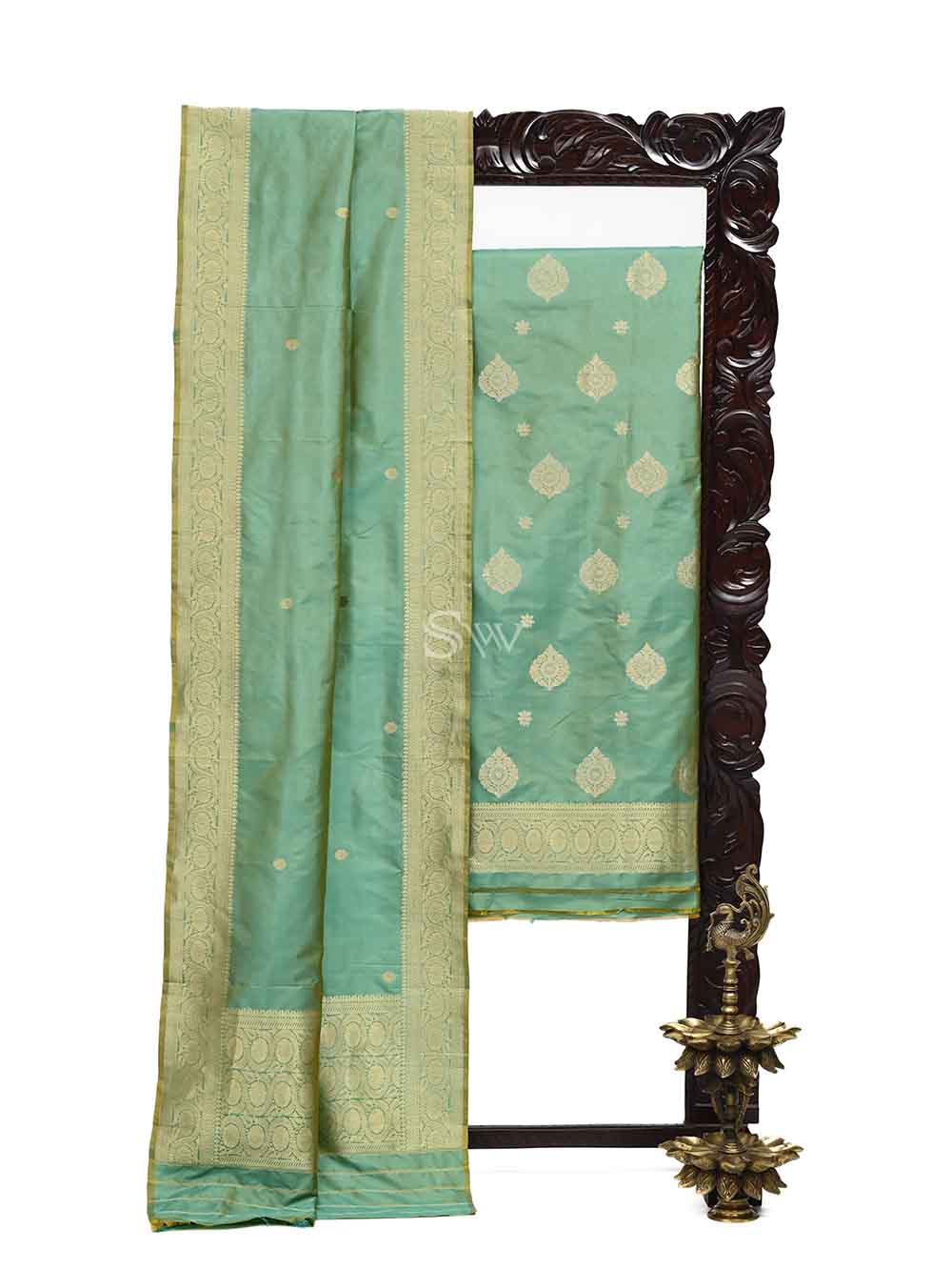 Green Yellow Katan Silk Handloom Banarasi Suit - Sacred Weaves